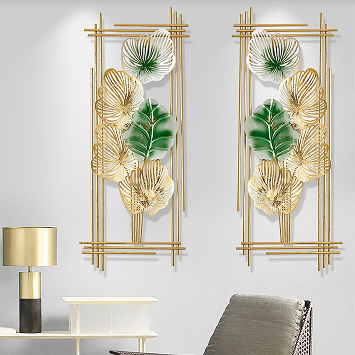 860mm 2 Pieces Metal Leaf Framed Wall Decor Gold & Green Rectangle in Living Room