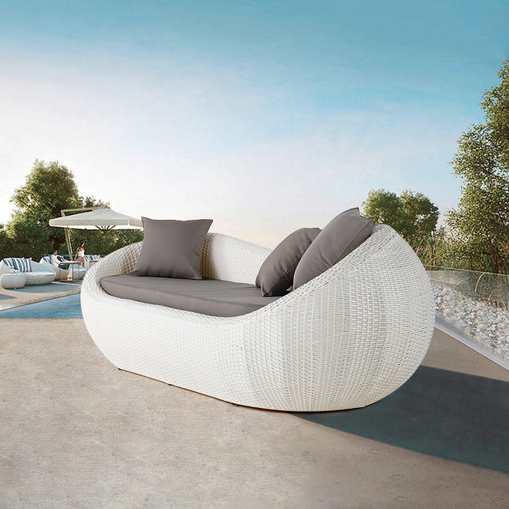 White Woven Rattan Round 1910mm Outdoor Sofa with Cushion & Pillow and Curved Back