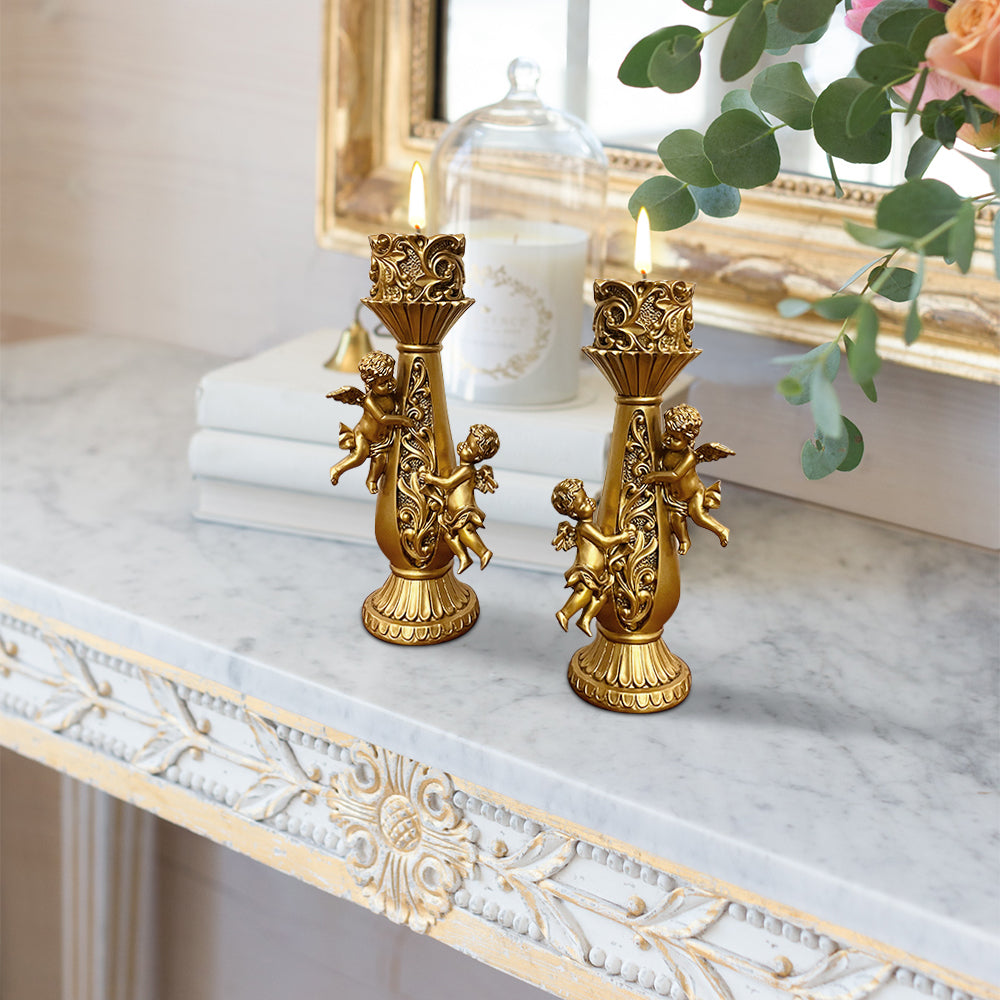 Set of 2 Gold Candle Holder Angels Statue Decoration Resin Pillar Candelabra