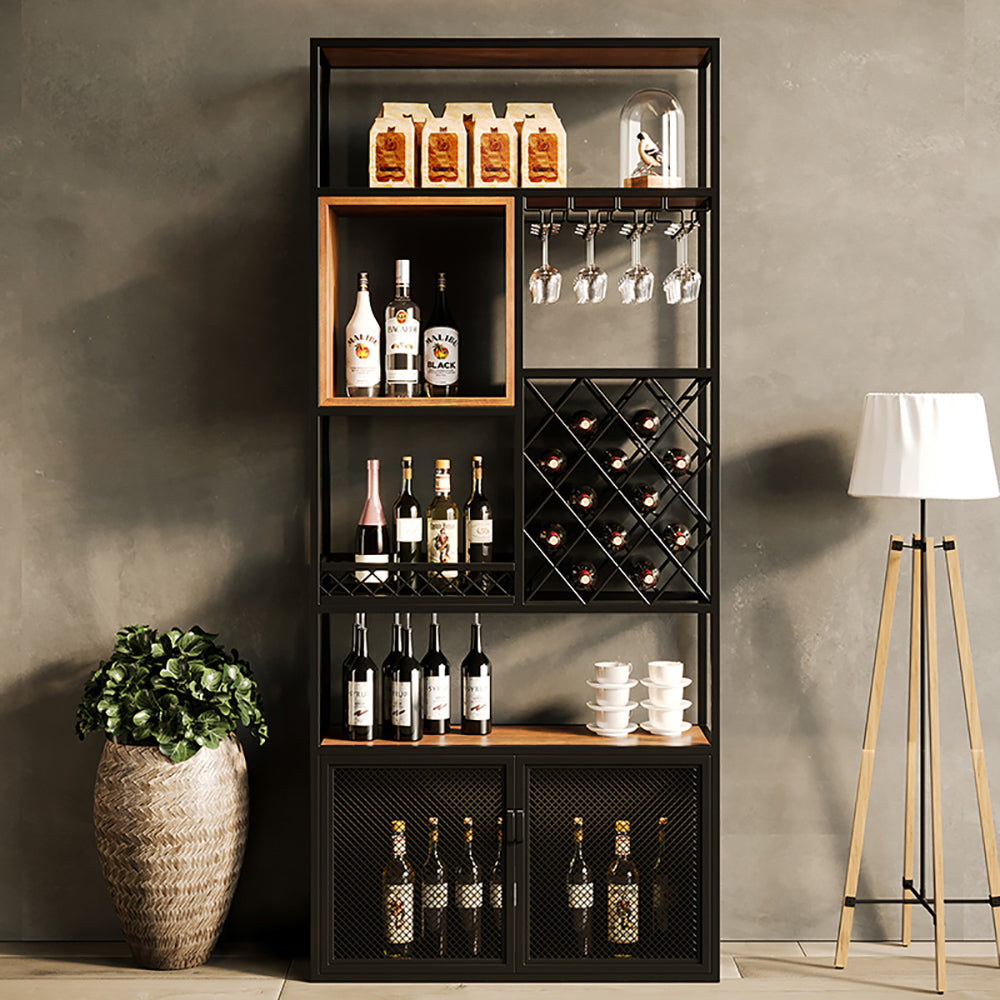 Industrial Tall Black Bar Wine Rack Cabinet with Glass Holder Wood 5-Tier Home Bar Cabinet