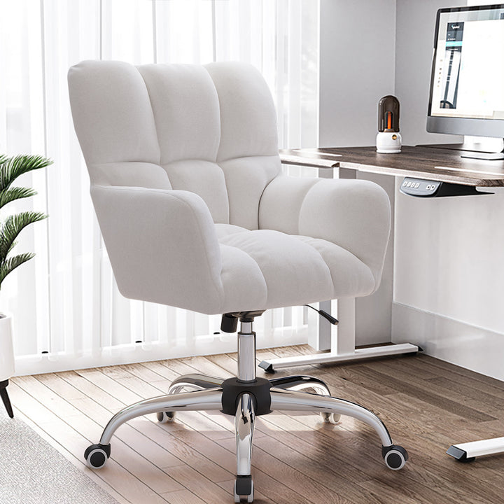 Modern White Office Chair Upholstered Cotton & Linen Swivel Task Chair Height Adjustable