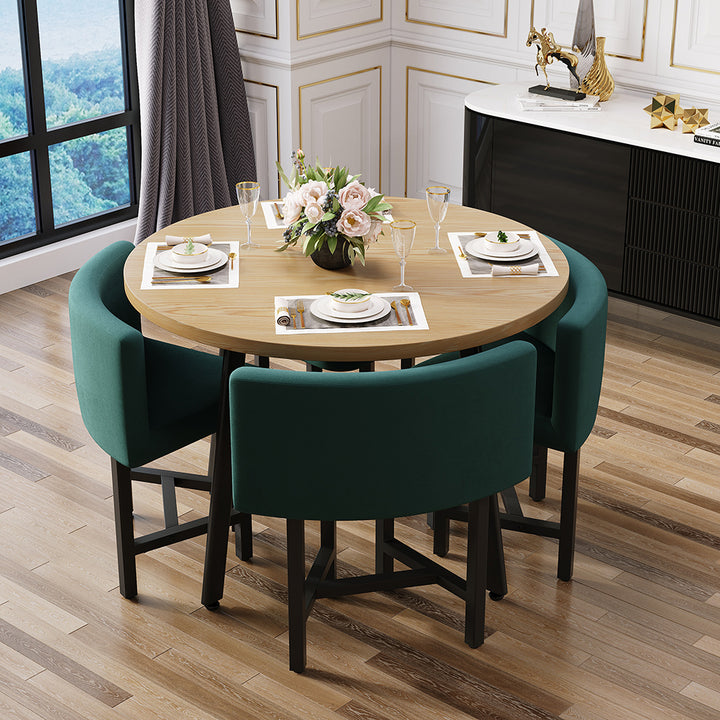 40" Round Wooden Nesting Dining Table Set for 4 Green Upholstered Chairs