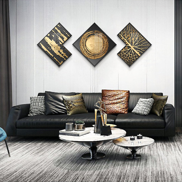 Modern Gold & Black Abstract Wall Art Set of 3 Luxury Textured Wall Decor