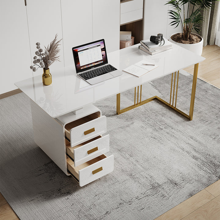 1600mm Modern White Office Desk with Drawers & Side Cabinet in Gold Base