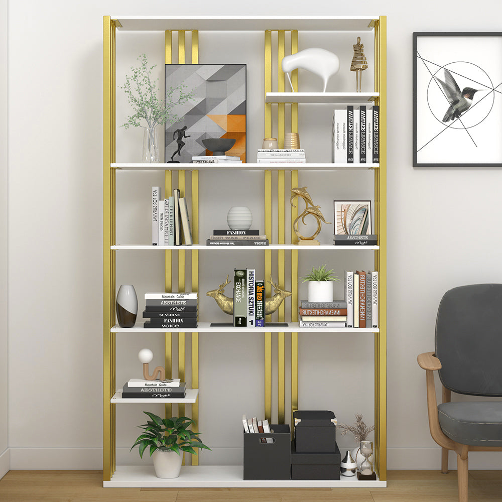 2000mm Modern Steel Etagere Bookshelf Display Shelving 6-Shelf Tall Book Shelf White & Gold