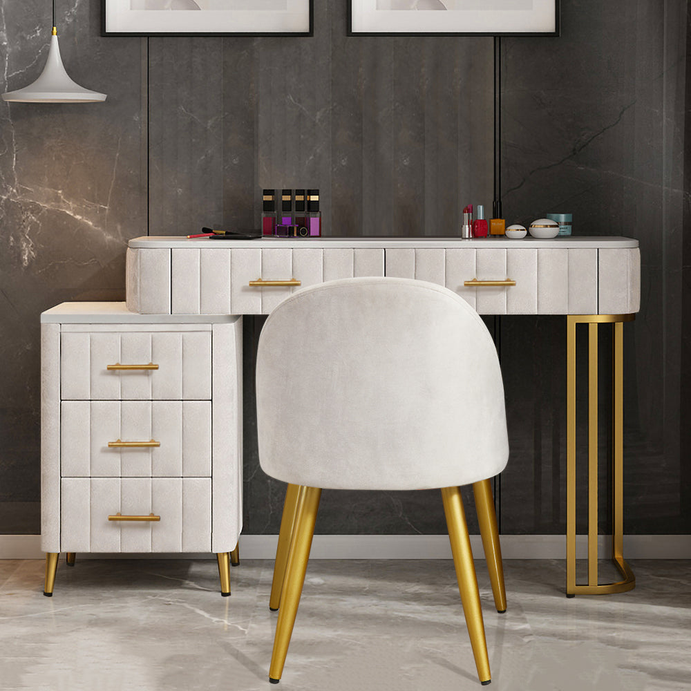 Modern White Velvet Upholstered Makeup Vanity Expandable Dressing Table with Cabinet & Chair