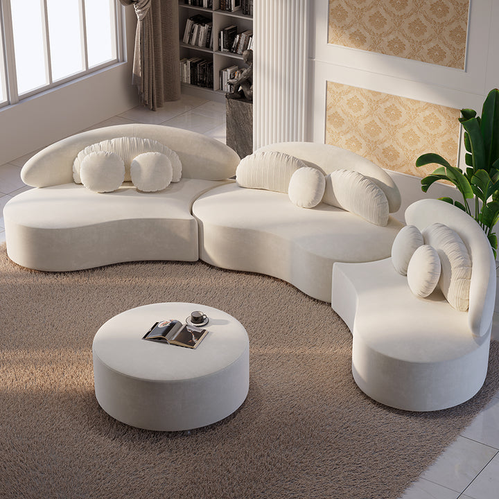 Homary Modern 7 Seat Sectional Sofa Curved Modular Beige Velvet Upholstered with Ottoman