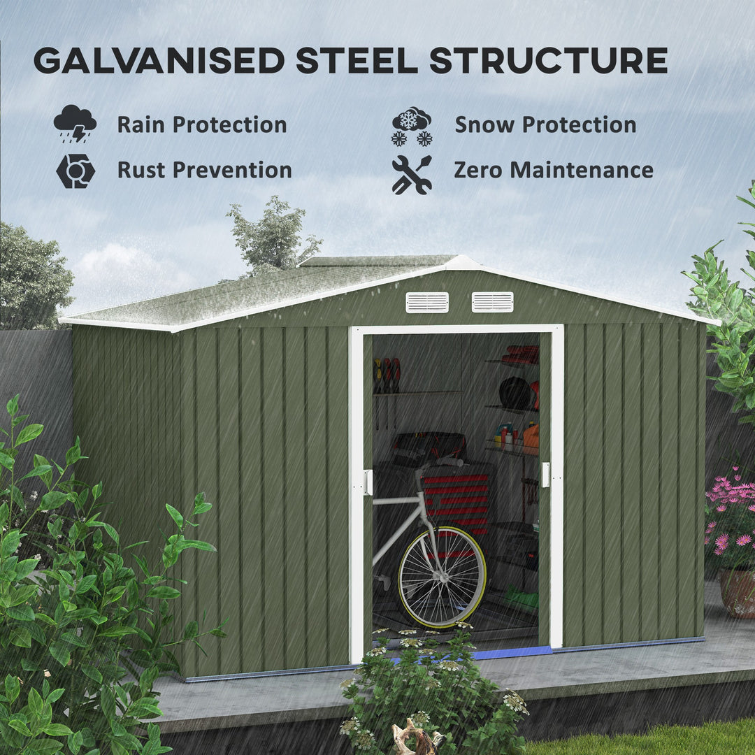 9 x 6 ft Metal Garden Storage Shed Corrugated Steel Roofed Tool Box with Foundation Ventilation and Doors