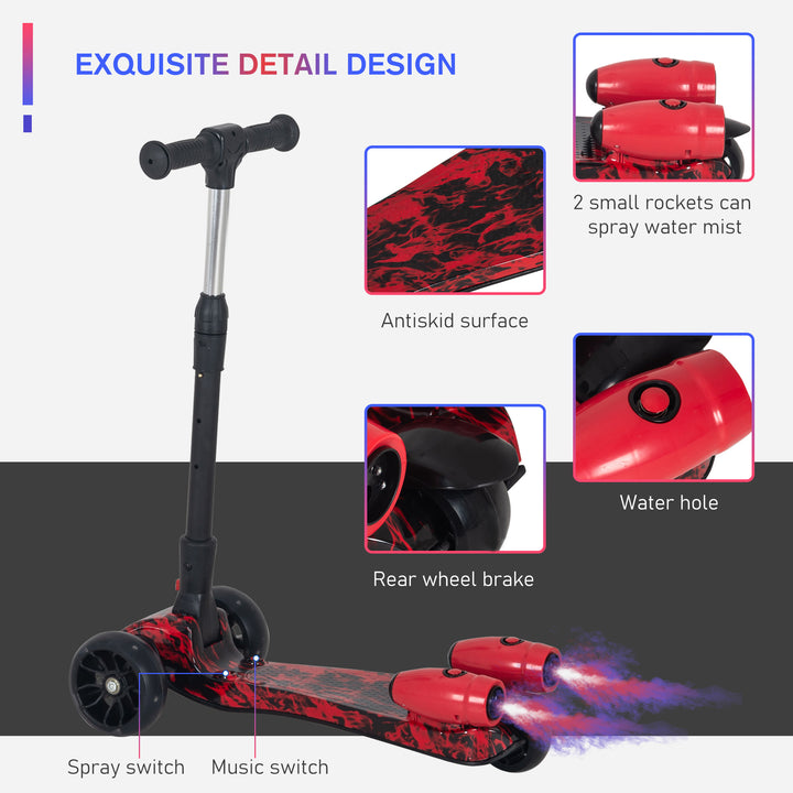 Kids 3 Wheel Kick Scooter Adjustable Height w/ Flashing Wheels Music Water Spray Foldable Design Cool On Off Road Vehicle Red