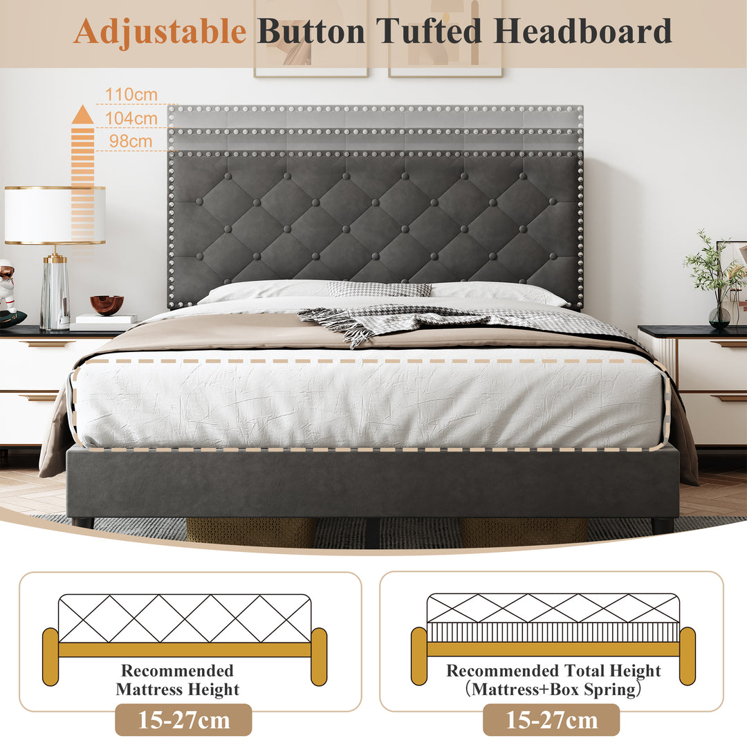 Velvet Upholstered Double Bed Frame with Adjustable Button-Tufted Headboard