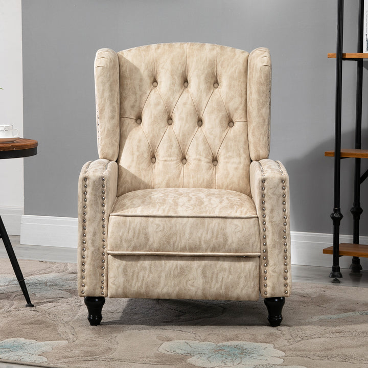 Studded Upholstered Reclining Armchair w/ Retractable Footrest Beige