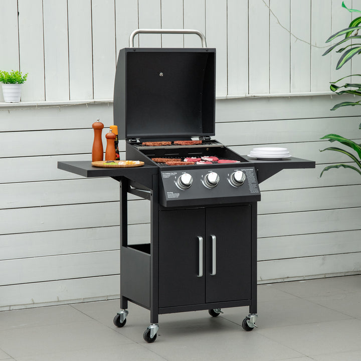 3 Burner Gas BBQ Grill Outdoor Portable Barbecue Trolley w/ Warming Rack