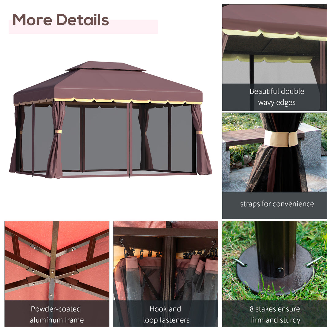 3 x 4m Aluminium Alloy Gazebo Marquee Canopy Pavilion Patio Garden Party Tent Shelter with Nets and Sidewalls - Coffee