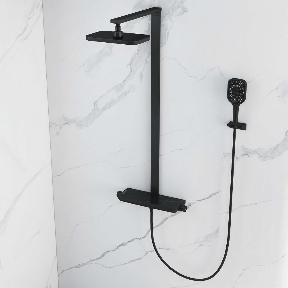 Black Exposed Rainfall Shower Mixer Tap with Handshower & Stone Rack Solid Brass