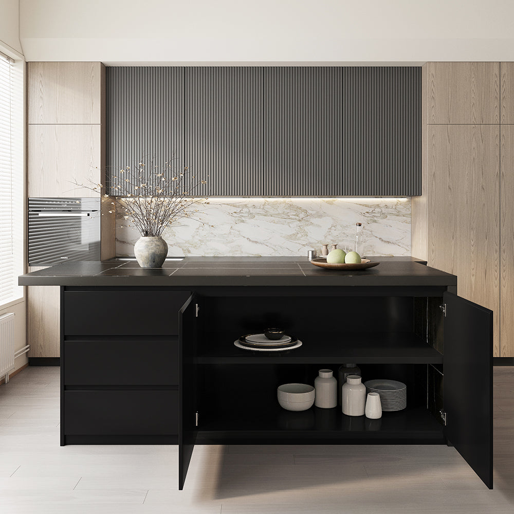 72" Kitchen Islands Marble Veneered Top Black Modern with Storage Kitchen Cabinet