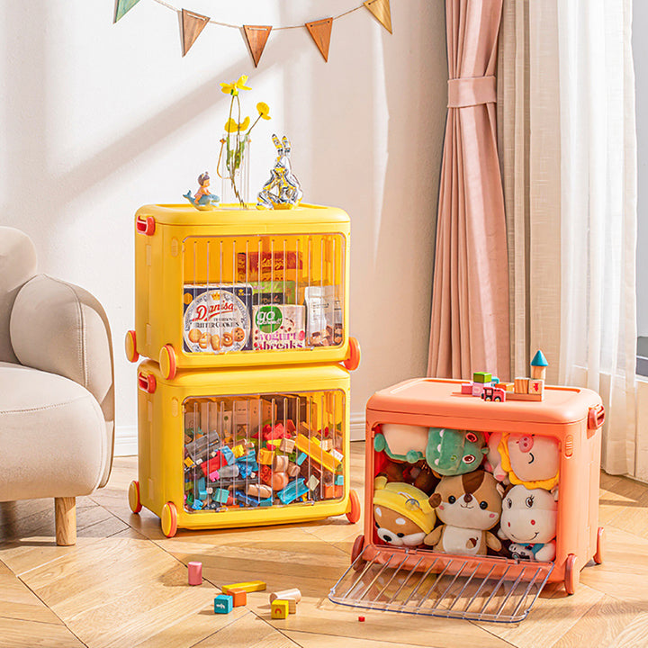 Yellow Kids Toy Organizer Cart Collapsible Storage Bin with Wheels & Handle