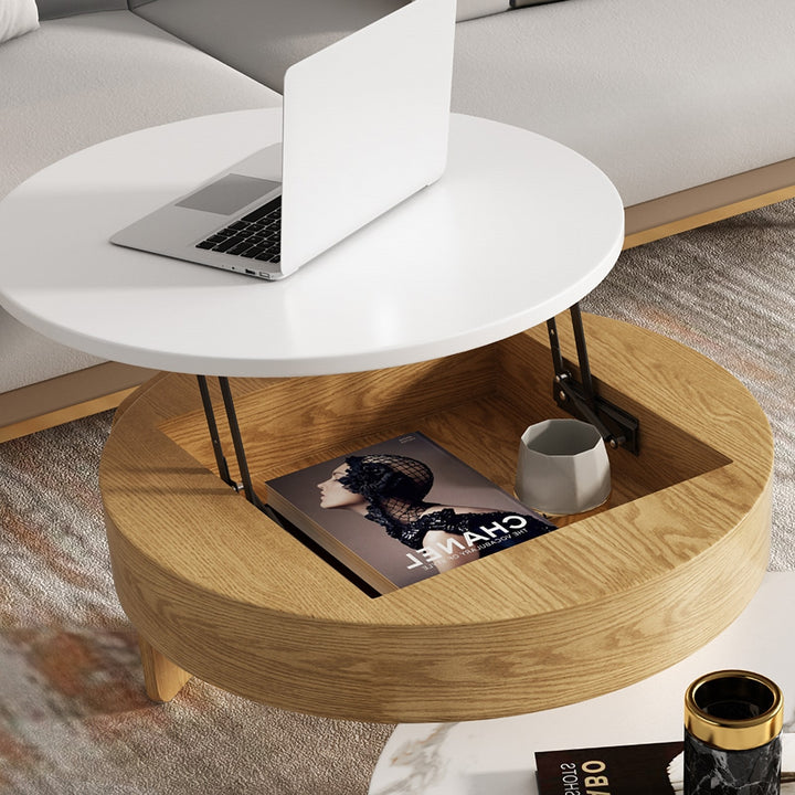 Modern Round Coffee Table with Storage Lift-Top Wood & Glass Coffee Table with 2 Drawers