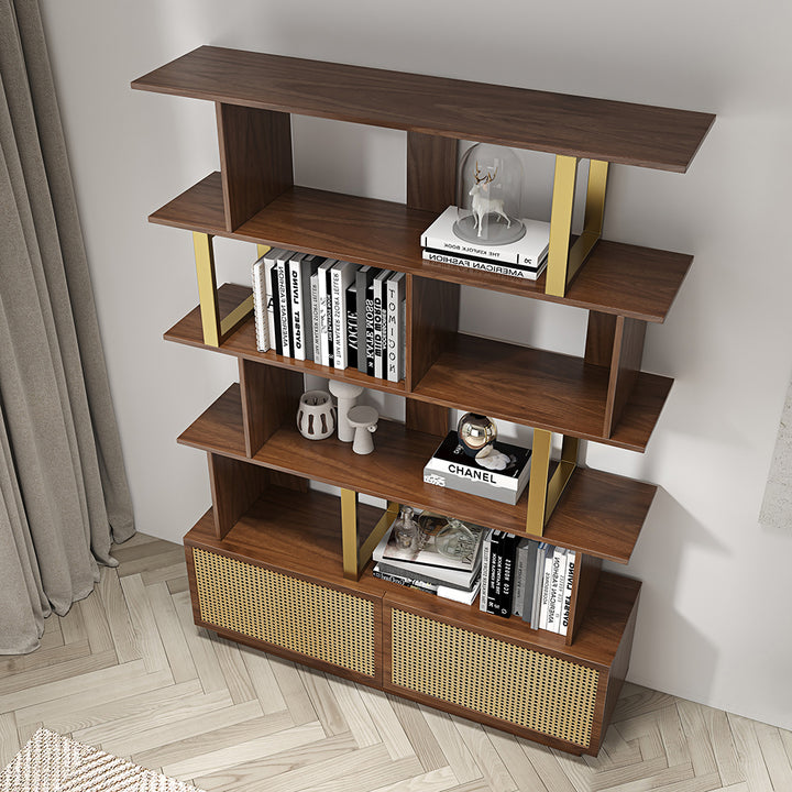 5-Tier Walnut Bookshelf with 2 Drawers Wooden Bookcase in Gold (64.8" High)