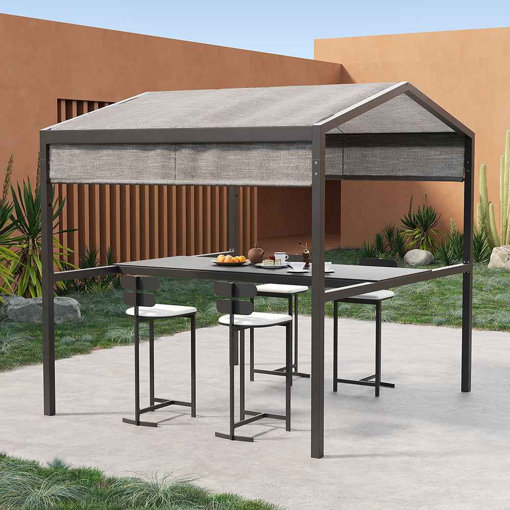 Outdoor Patio Adjustable Height Aluminum Dining Table with Canopy Convert to Bar Table