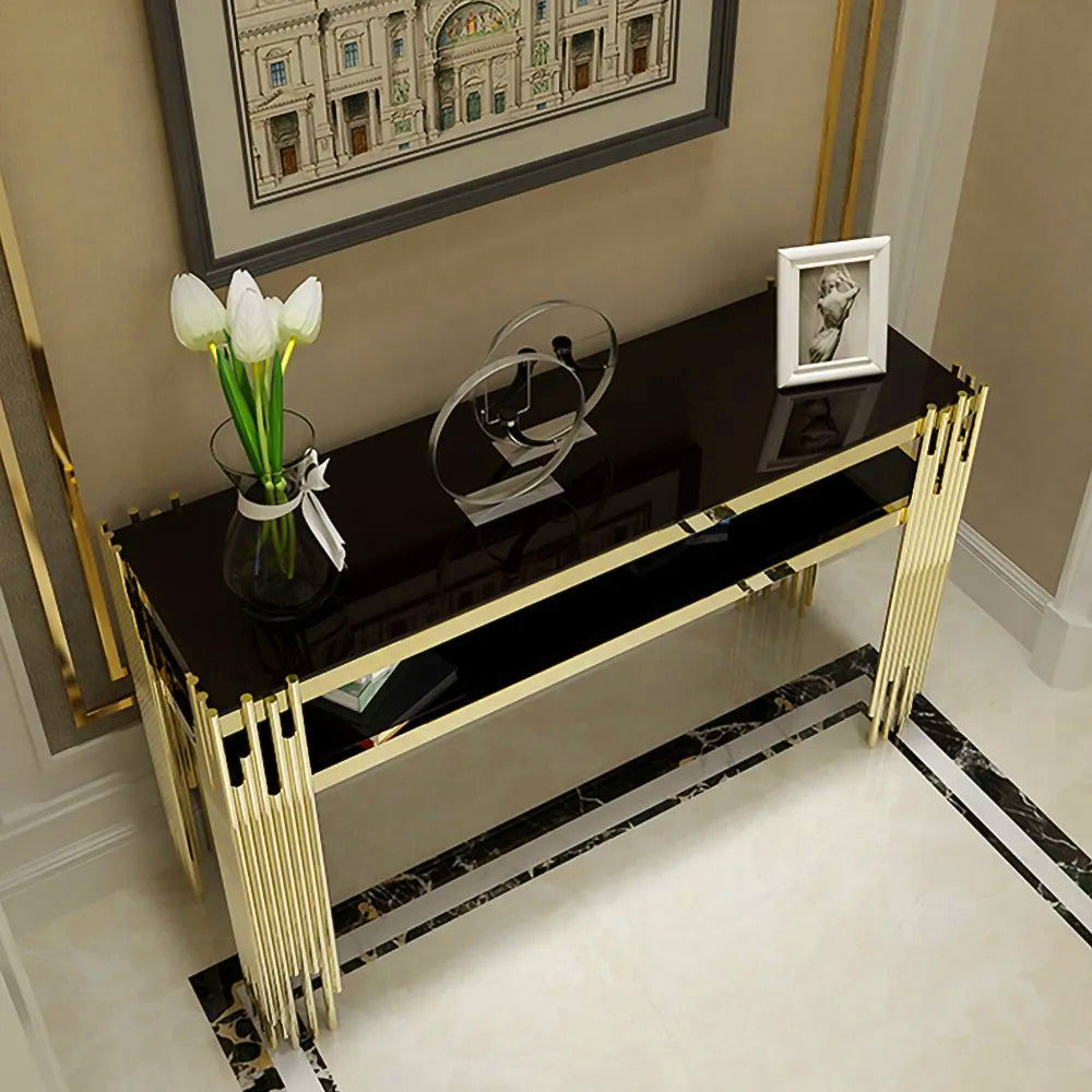 1200mm Modern Black Faux Marble Narrow Console Table with Storage Shelf and 4 Gold Legs