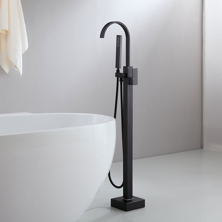 Dree Freestanding Matte Black Bath Filler Tap and Handheld Shower with High-Arc Spout