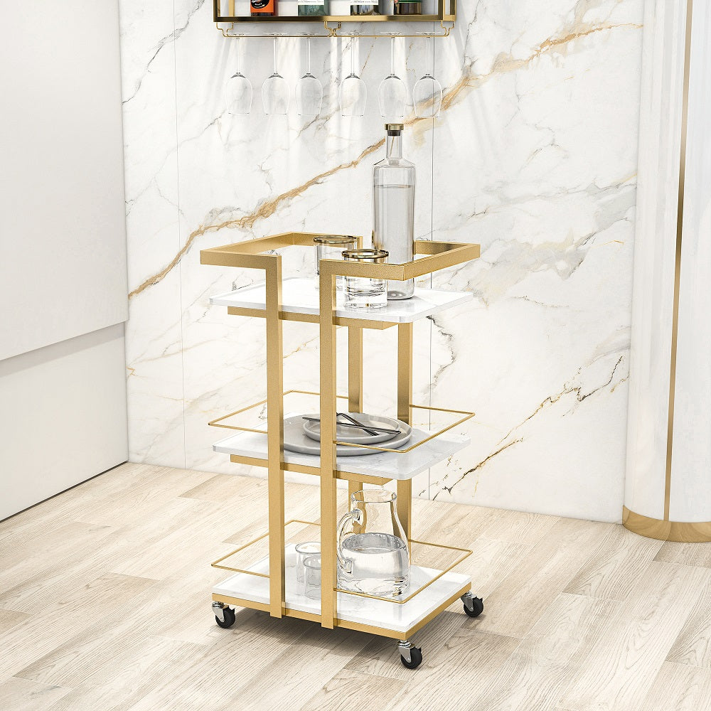 3-Tier Rectangular Rolling Bar Cart with Wheels Gold White Marble Shelves