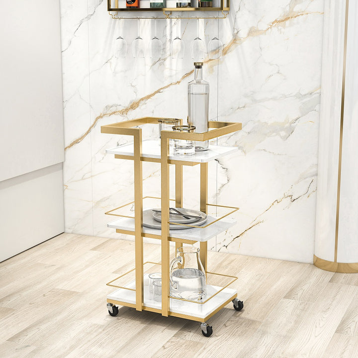 3-Tier Rectangular Rolling Bar Cart with Wheels Gold White Marble Shelves