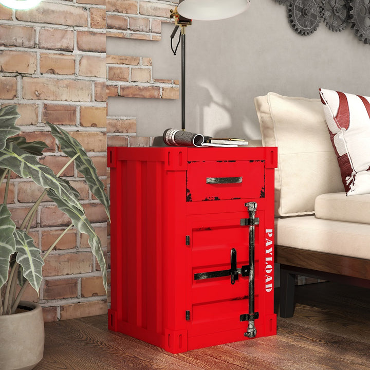 Ctainer Industrial Loft Red Nightstand Retro Bedside Storage Cabinet with Door & Drawer