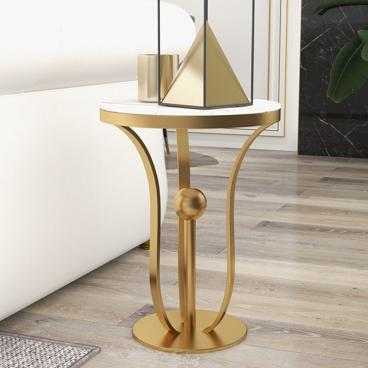 450mm White Round End Table Modern Side Table with Stream-Lined Metal Pedestal