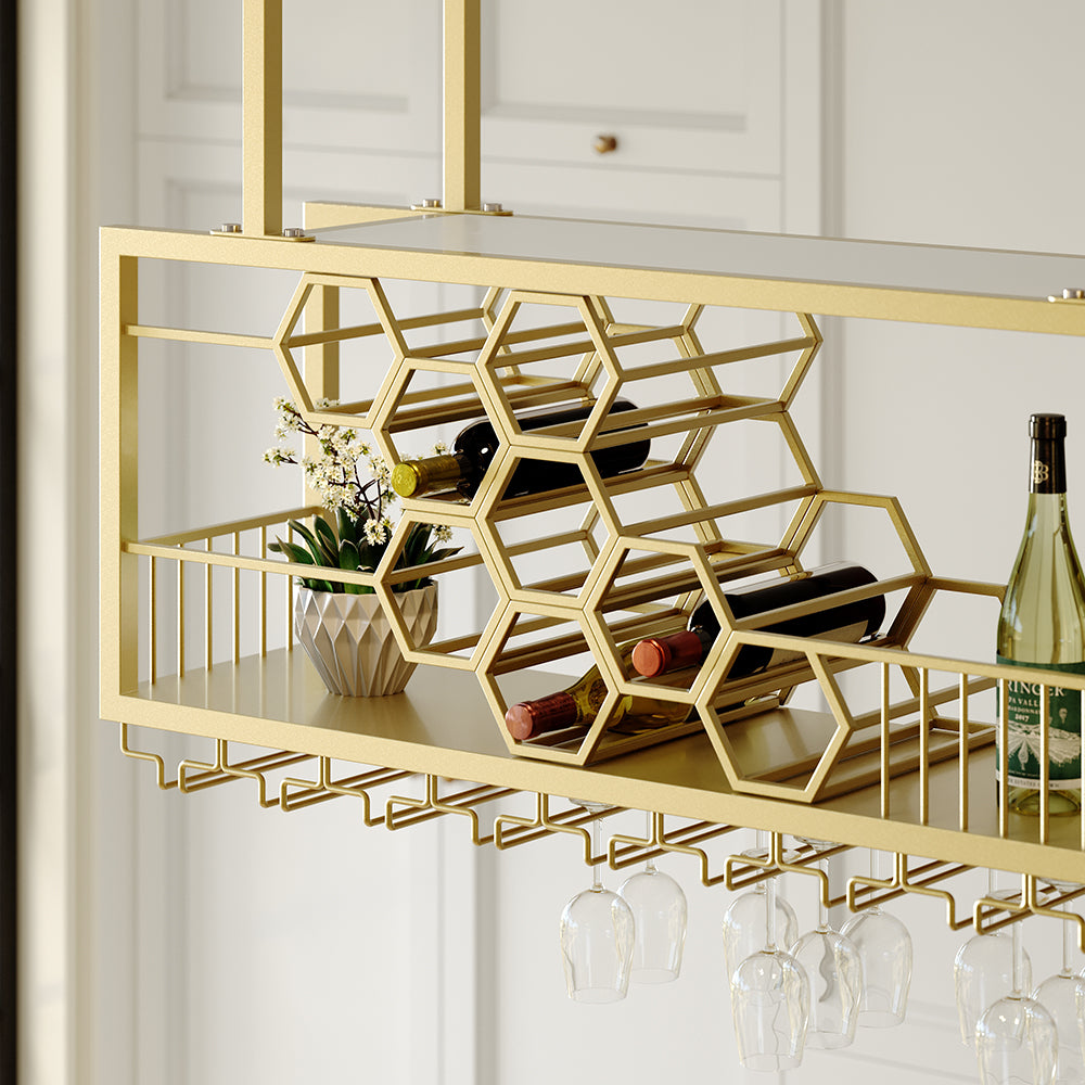 970mm Metal Hanging Wine Rack Golden Bar Shelf Floating Wine Glass Holder