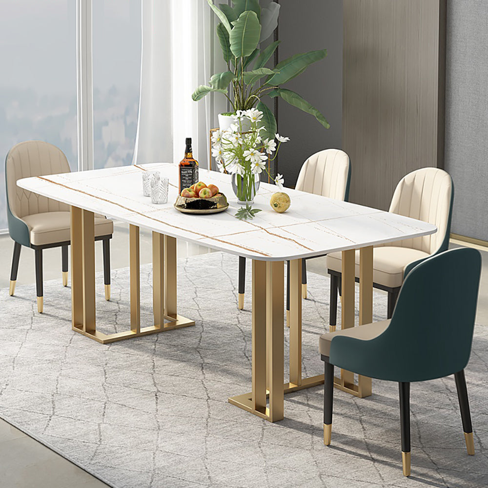 55.1" Rectangular Dining Table with Faux Marble Top & Metal Frame for 6 People Affordable Luxury White