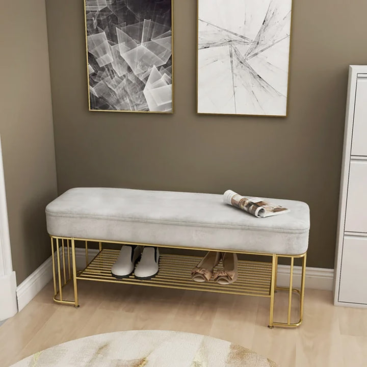 Modern Grey Hallway Bench with Shoe Storage Velvet Upholstered with Gold Frame and Shelf