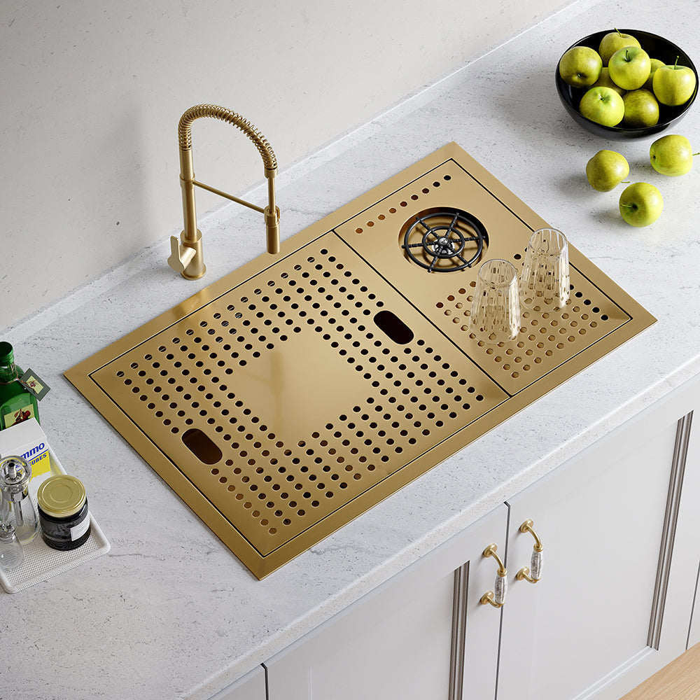 Drop-in Kitchen Sink With High-pressure Cup Rinser Glass Washer Stainless Steel Gold