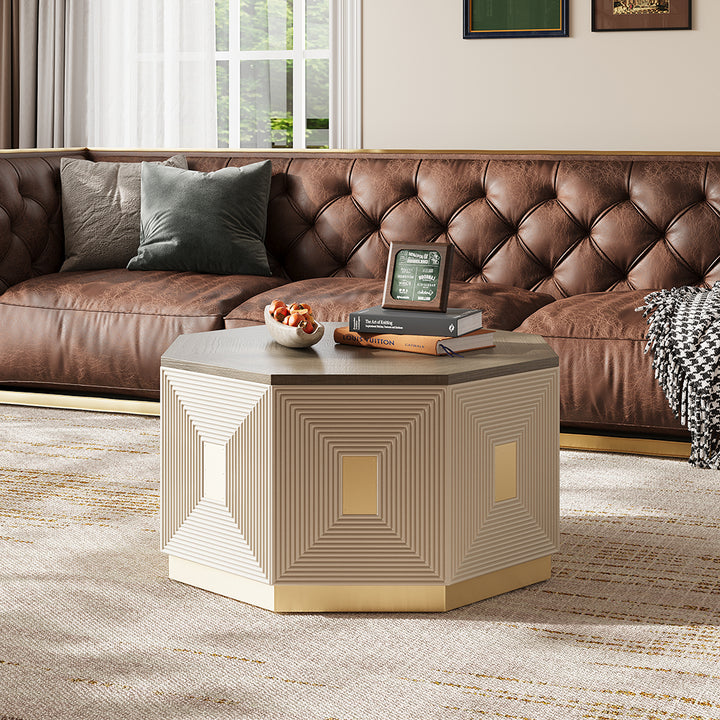 Mid Century Modern Block Coffee Table in Light Grey & Champagne with Octagonal Tabletop