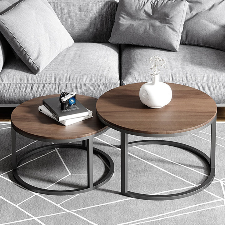 Fero 2 Pieces Modern Walnut & Black Round Nesting Coffee Table for Living Room