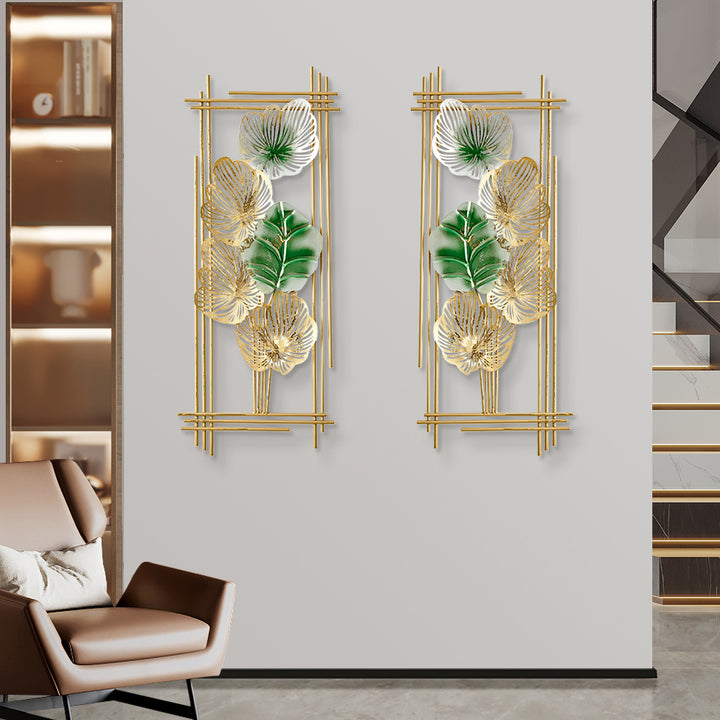 860mm 2 Pieces Metal Leaf Framed Wall Decor Gold & Green Rectangle in Living Room