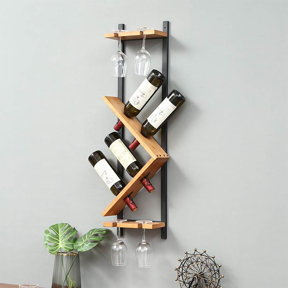 Modern Wall Mounted Wood Wine Rack 4-Bottle & 4 Wine Glass Rack Stemware Holder Rack