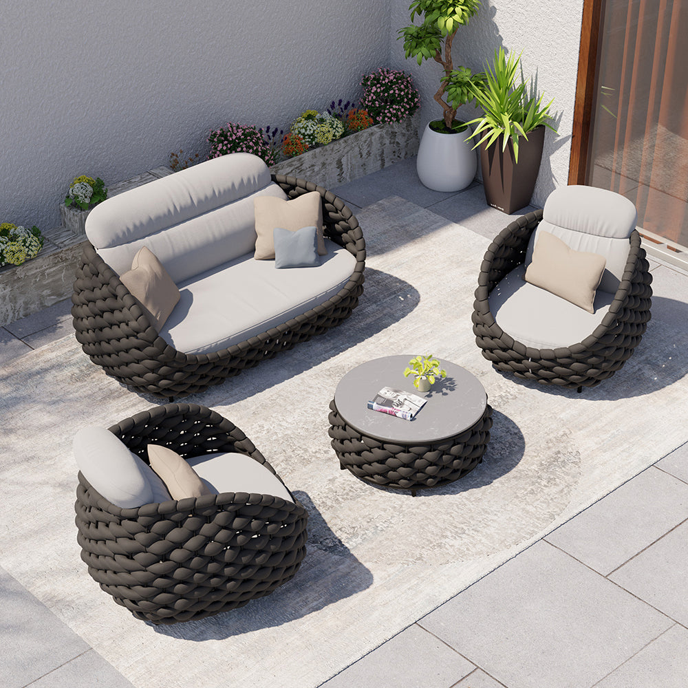 Tatta 4-Person Outdoor Sofa Set, Rotatable Hand Woven Rope Chair & Outdoor Coffee Table with Storage