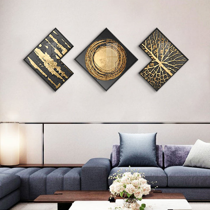 Modern Gold & Black Abstract Wall Art Set of 3 Luxury Textured Wall Decor