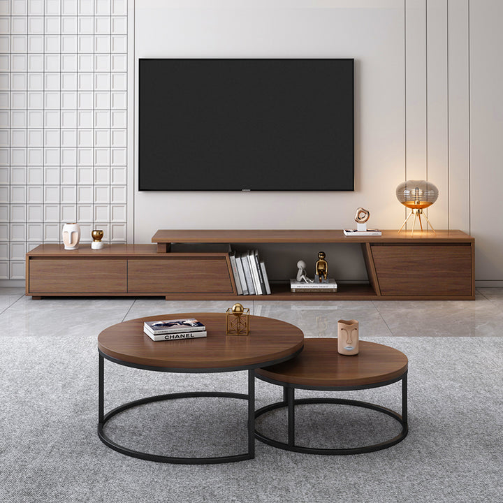 Living Room Set Walnut Rectangle Extendable TV Stand & Round Nesting Coffee Table Set