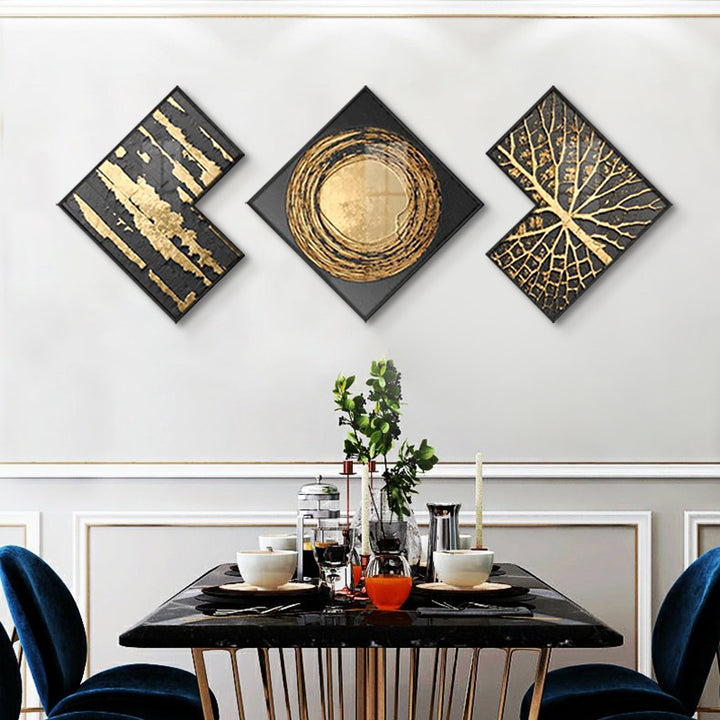 Modern Gold & Black Abstract Wall Art Set of 3 Luxury Textured Wall Decor