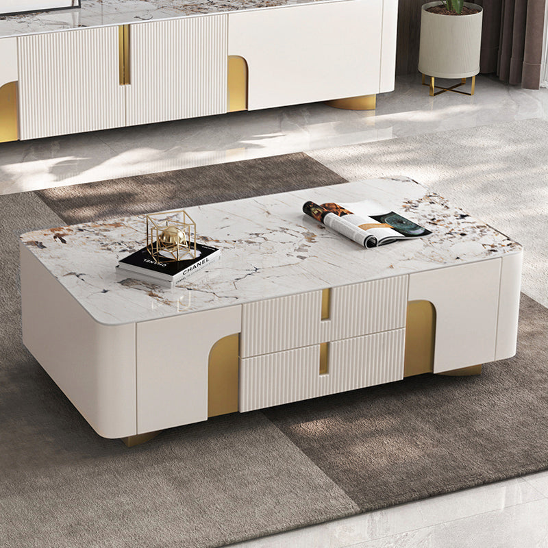 Artus Modern Beige Rectangle Large Coffee Table Drawers Sintered Stone Gold Base