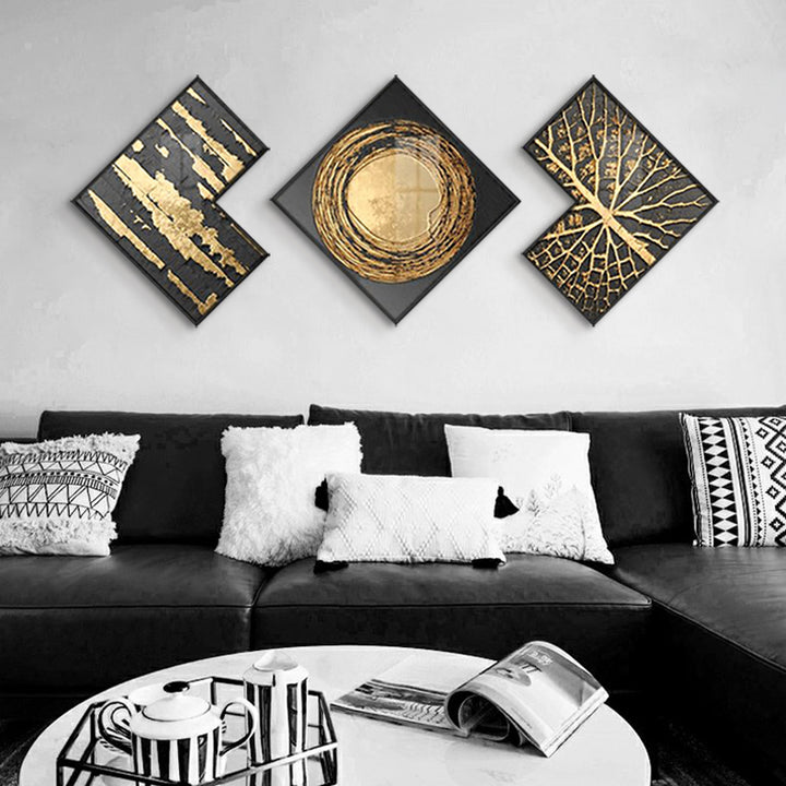 Modern Gold & Black Abstract Wall Art Set of 3 Luxury Textured Wall Decor