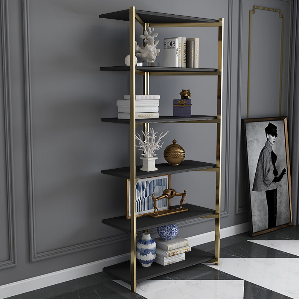 Modern Gold & Black 5-Tier Corner Shelf with Metal Frame & Eco-Board Bookshelf