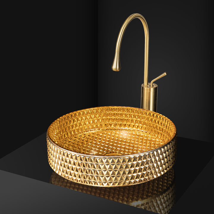 390mm Modern Luxury Diamond Shaped Crystal Glass Bathroom Countertop Basin in Gold