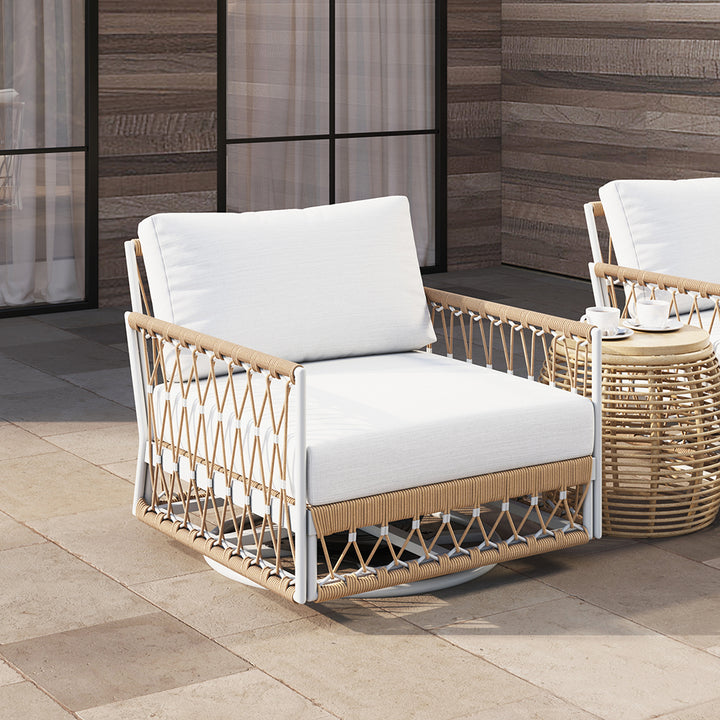 Ropipe Outdoor 360 Degree Swivel Chair with Hand Woven Rope in Khaki & White