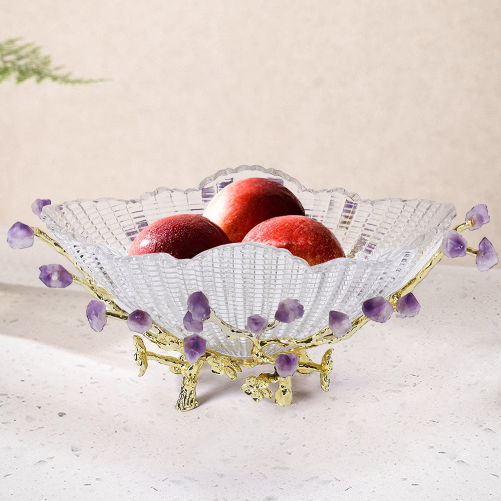 Glass Branch Fruit Bowl Decor Basket Decor Serving Tray in Gold & Purple