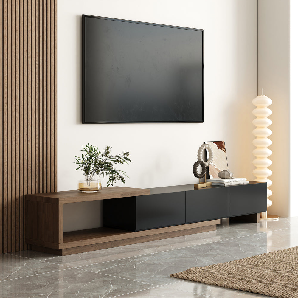 Homary Quoint 100.4" Modern Black TV Stand Retracted & Extendable 3-Drawer Media Console Walnut