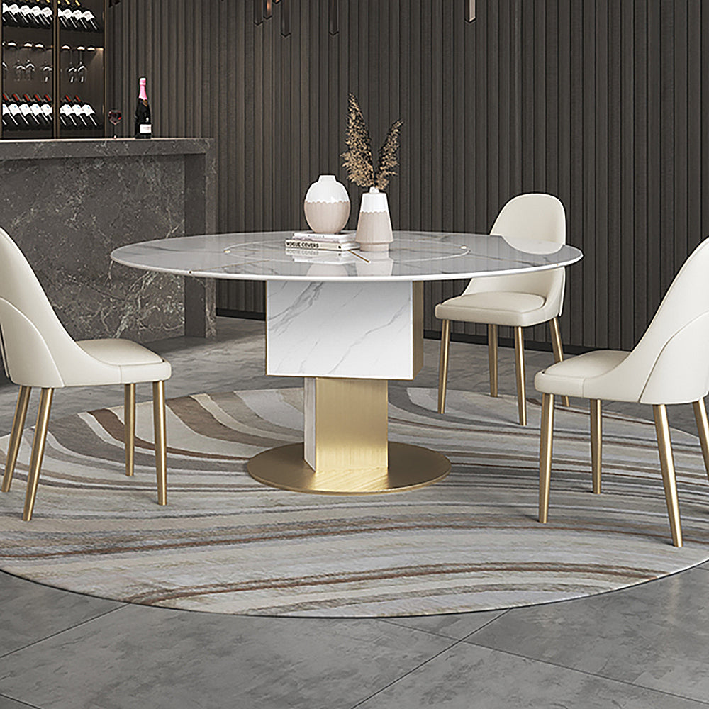 59" Round Dining Table Rotatable Faux Marble for 6 People Affordable Luxury White & Gold