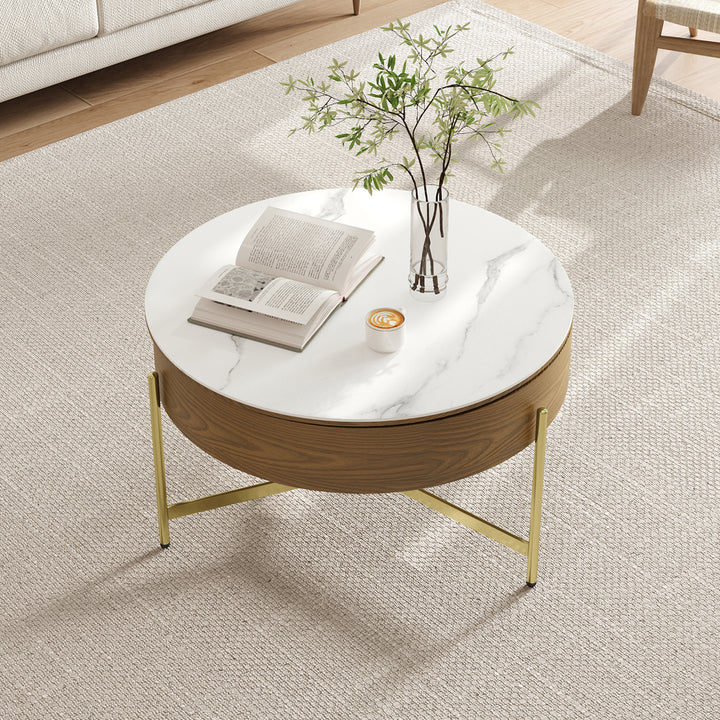 Round Lift-Top White & Walnut Coffee Table with Storage White & Walnut